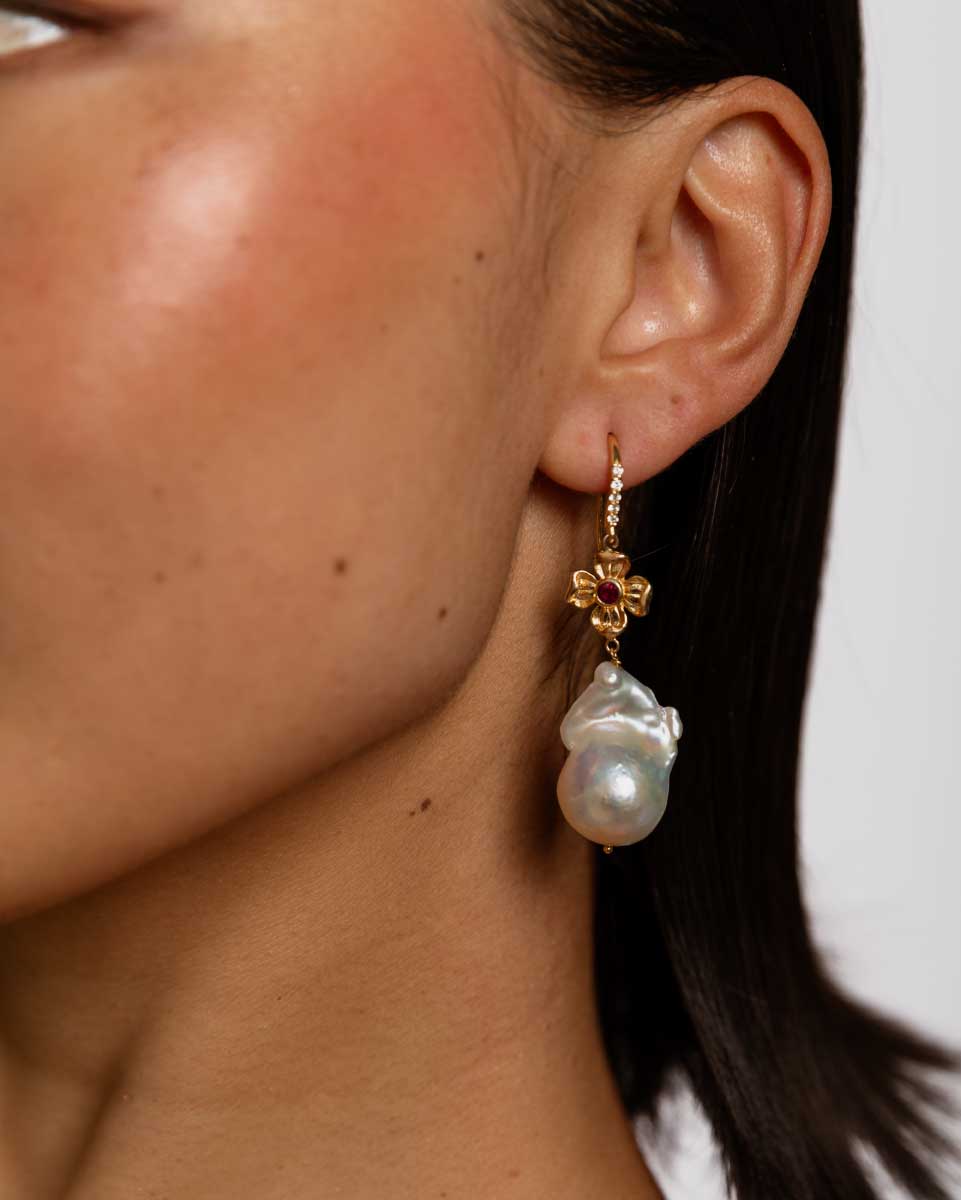 Floral Red Ruby in Bezel Earrings