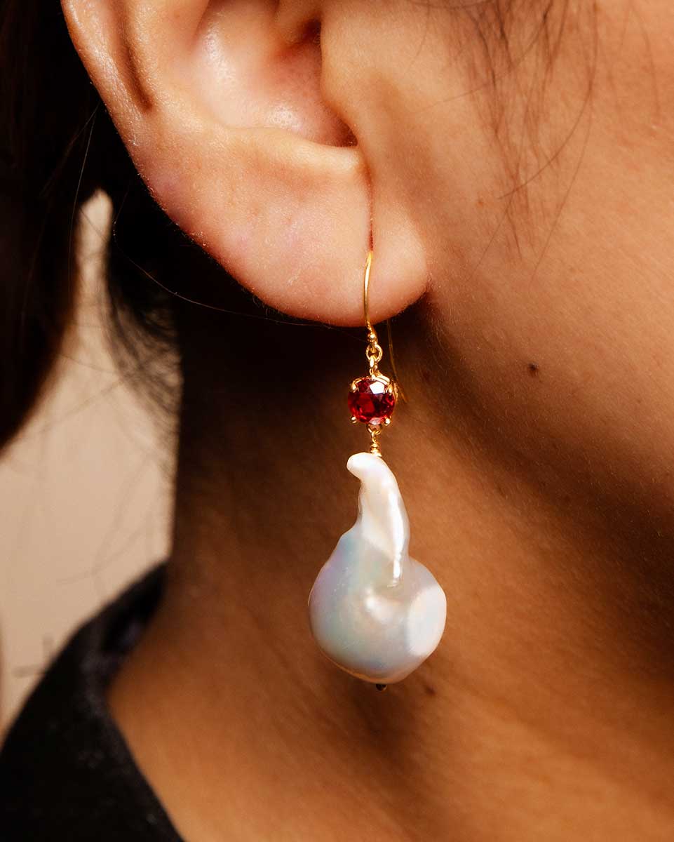 Round Rubellite, Baroque Pearl Earrings