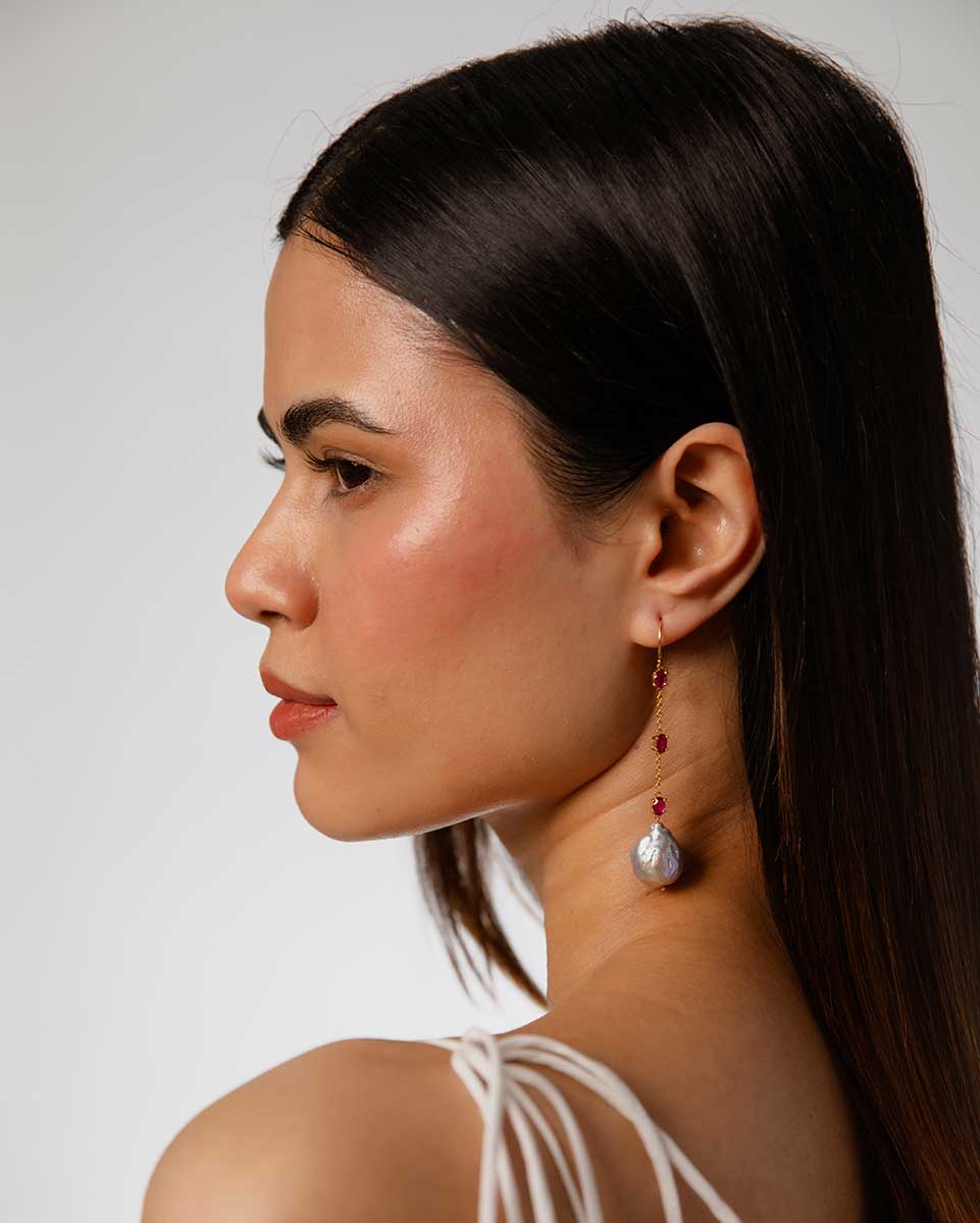 Ruby Red Drop Pearl Earrings
