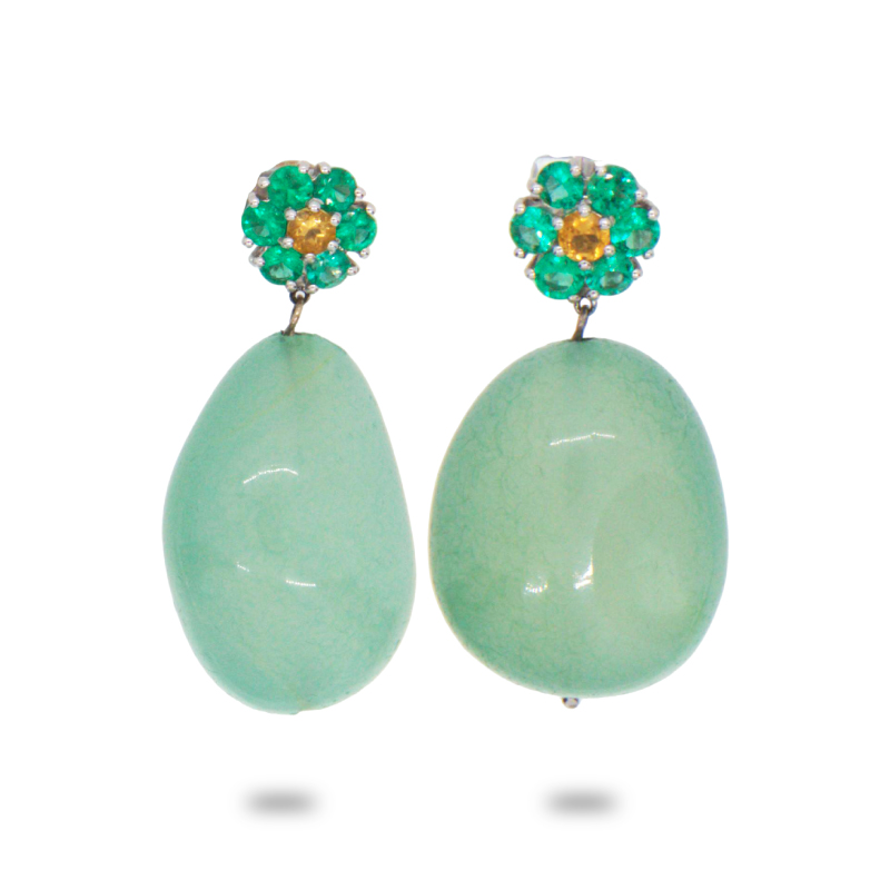 Flower motif Emerald and Chalcedony Drop Earring