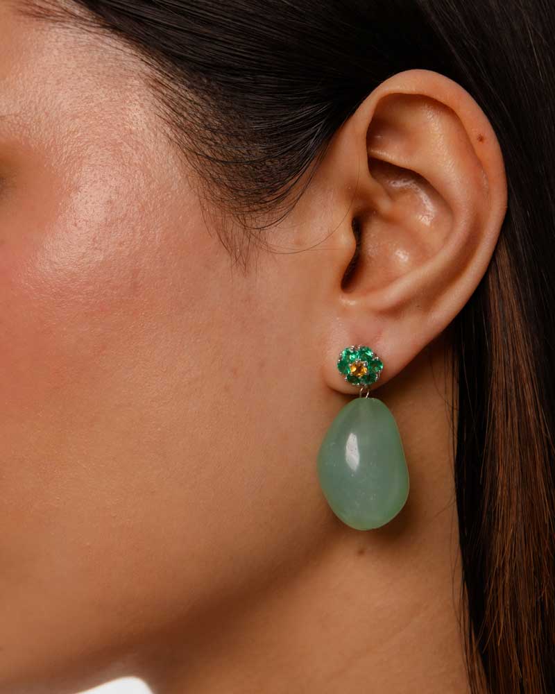 Flower motif Emerald and Chalcedony Drop Earring
