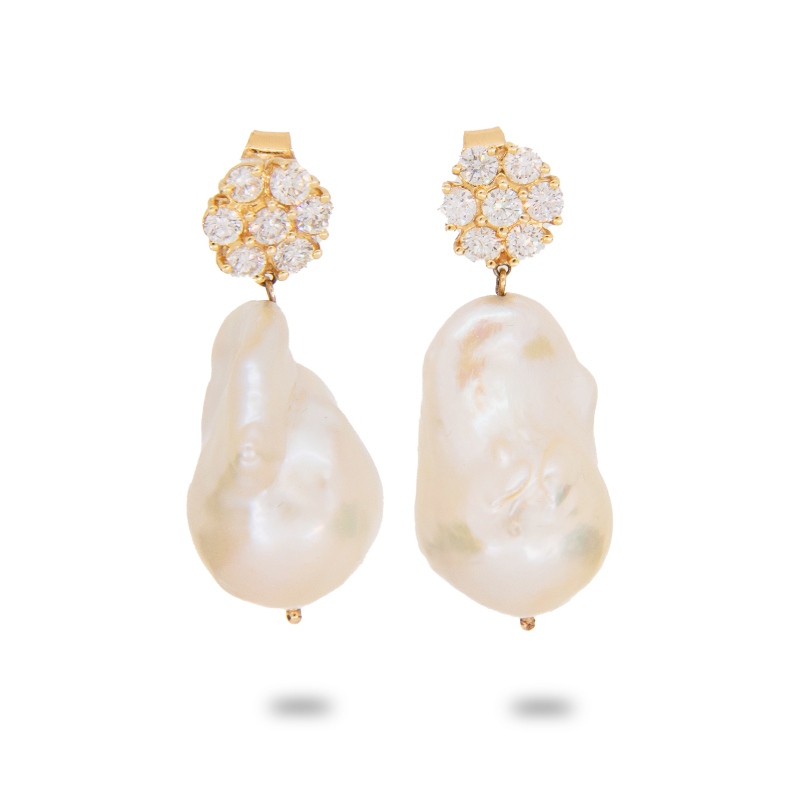 Diamond Floral Cluster Pearl Drop Earrings