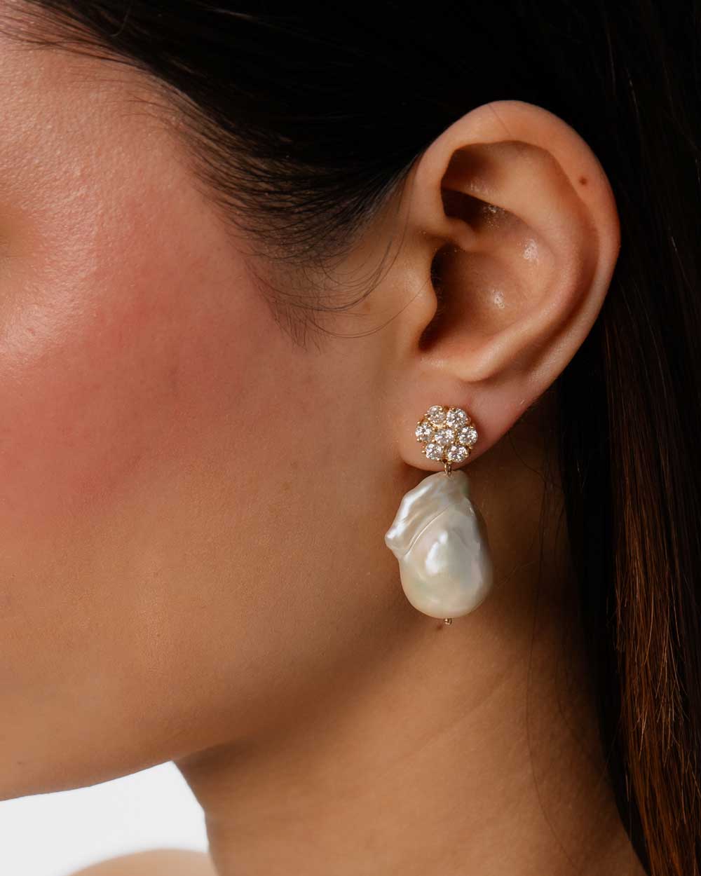 Diamond Floral Cluster Pearl Drop Earrings