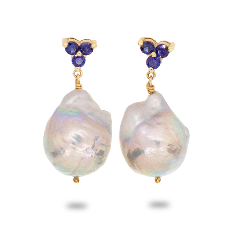 Triple Sapphire Pearl Drop Earrings