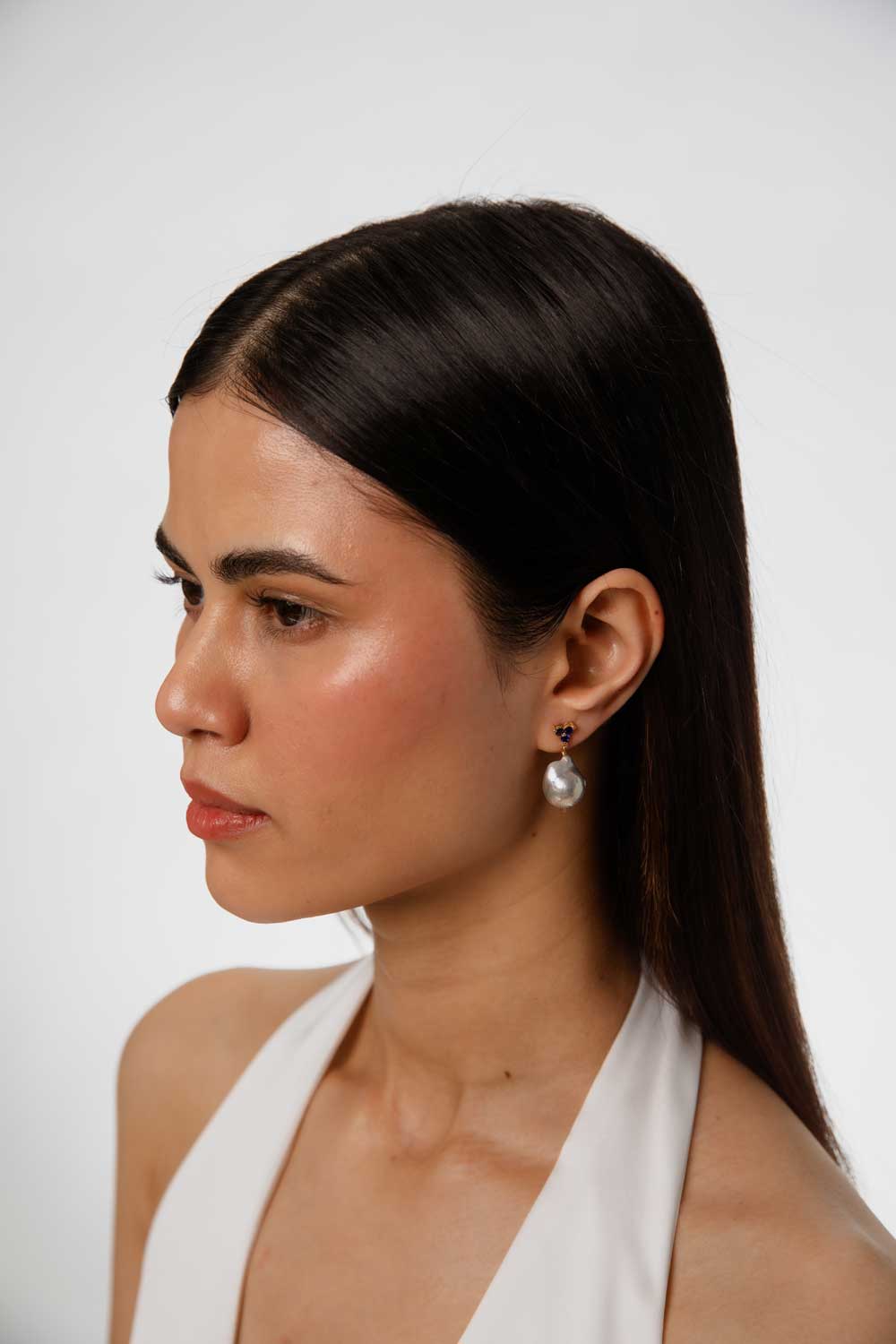 Triple Sapphire Pearl Drop Earrings