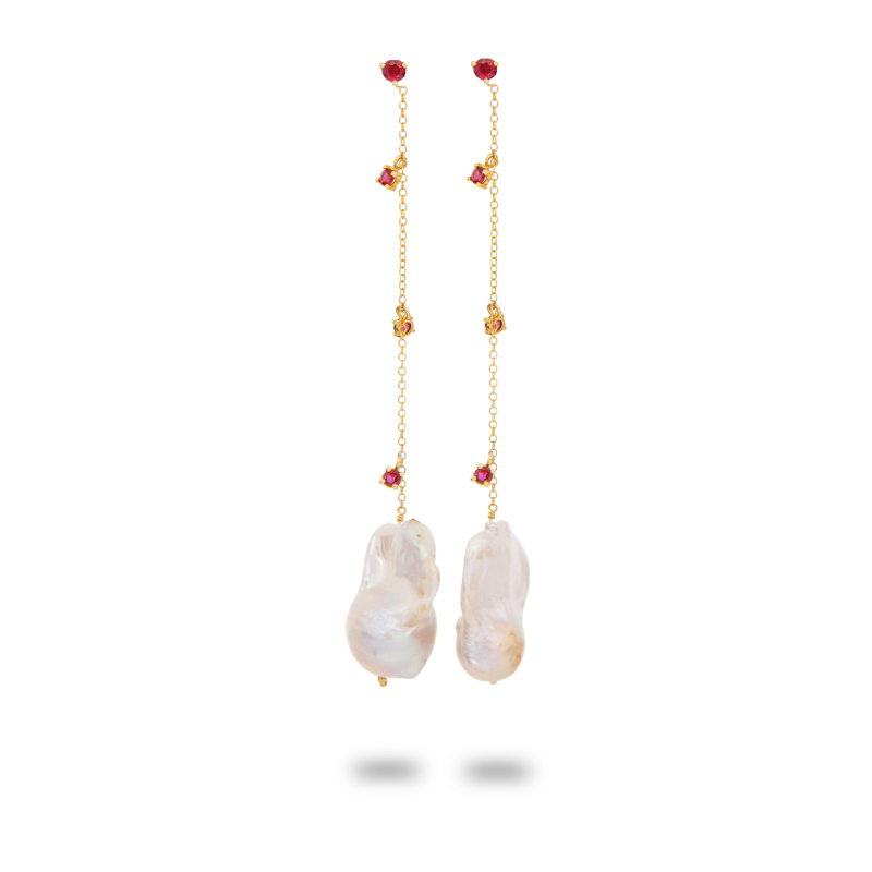 Ruby Pearl Drop Chain Earrings