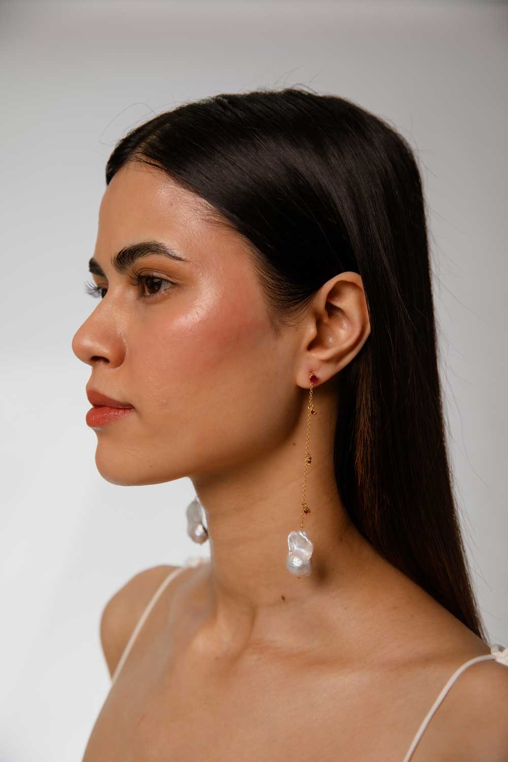 Ruby Pearl Drop Chain Earrings