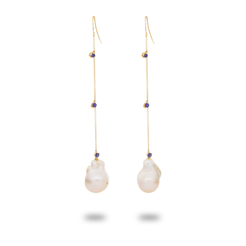 Sapphire Pearl Drop Chain Earrings