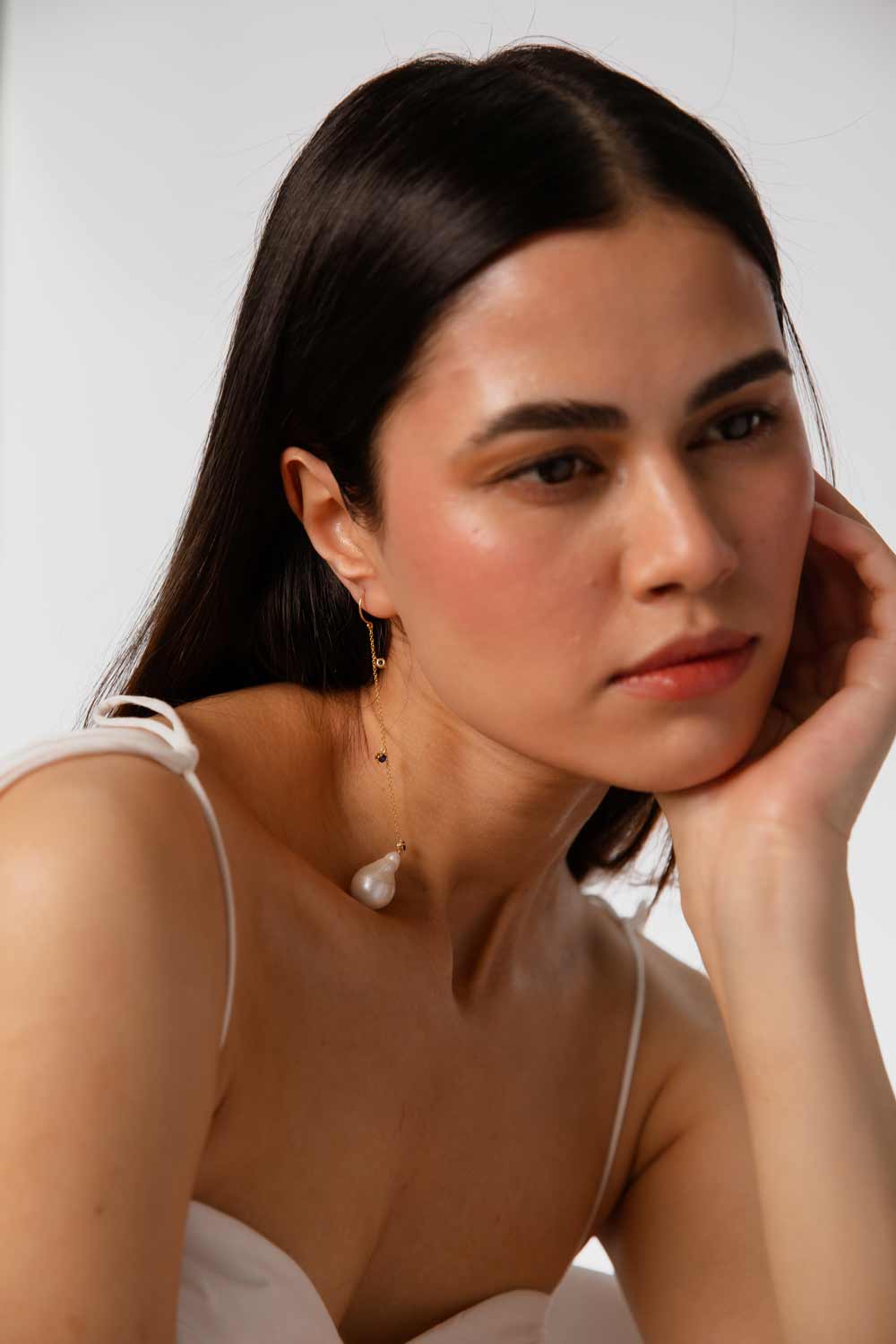 Sapphire Pearl Drop Chain Earrings