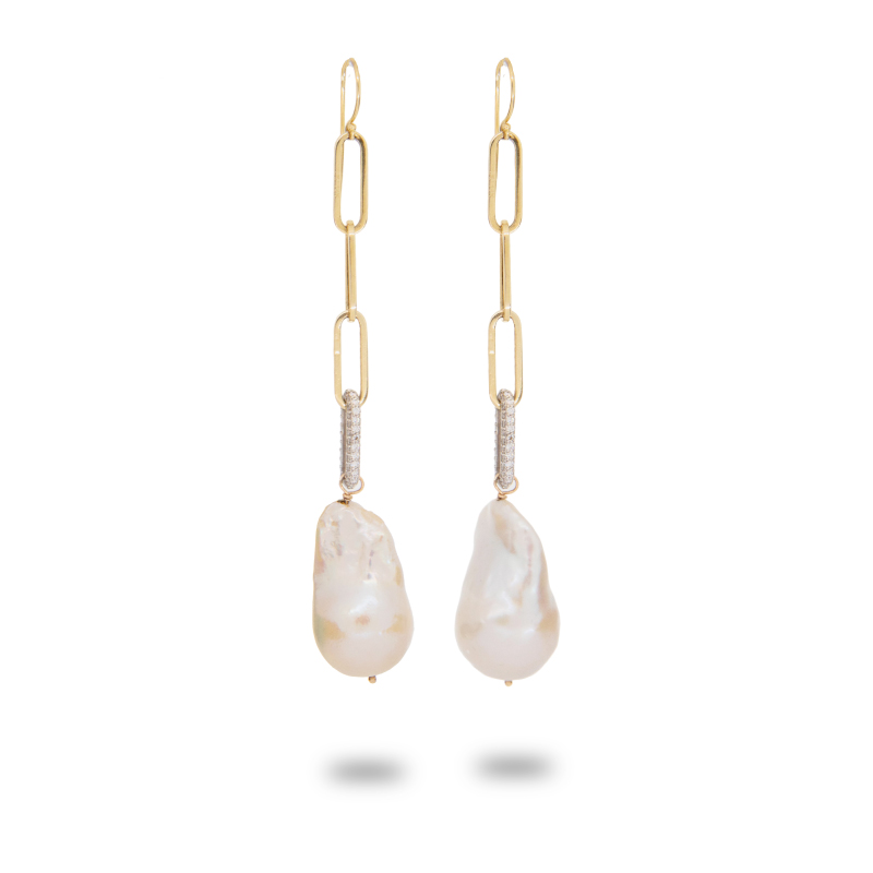 Paperclip Link Diamond Drop Pearl Earrings