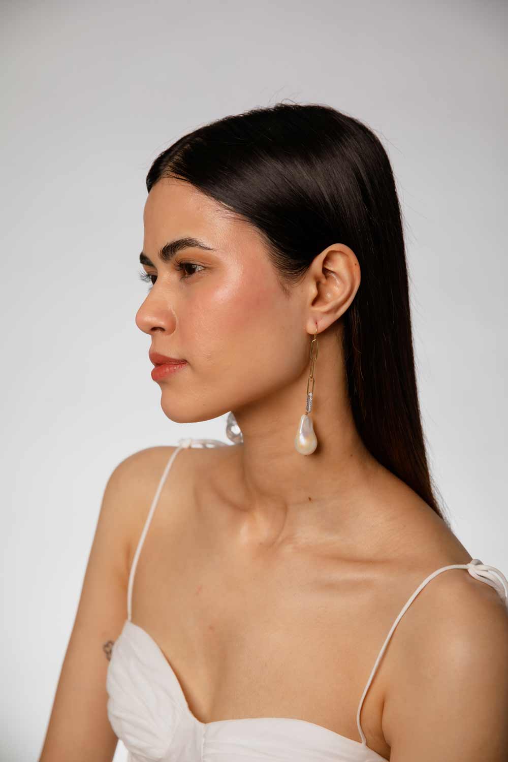 Paperclip Link Diamond Drop Pearl Earrings