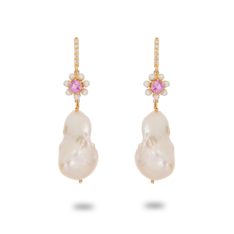 Pink Floral Pearl Drop Earrings