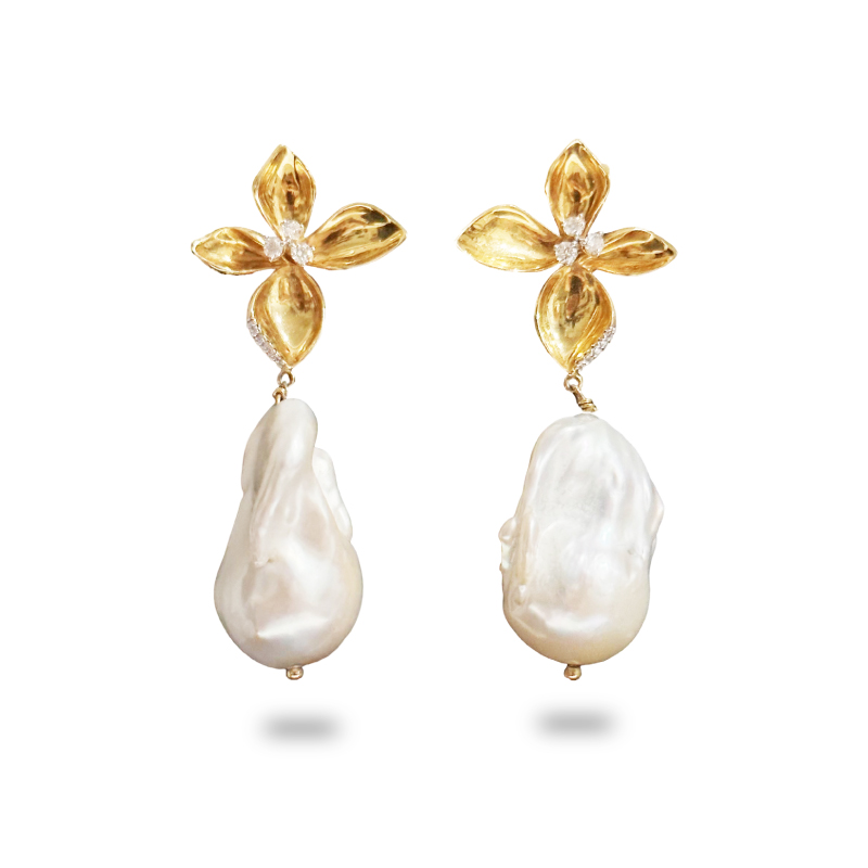 Floral Gold Drop Pearl Earrings