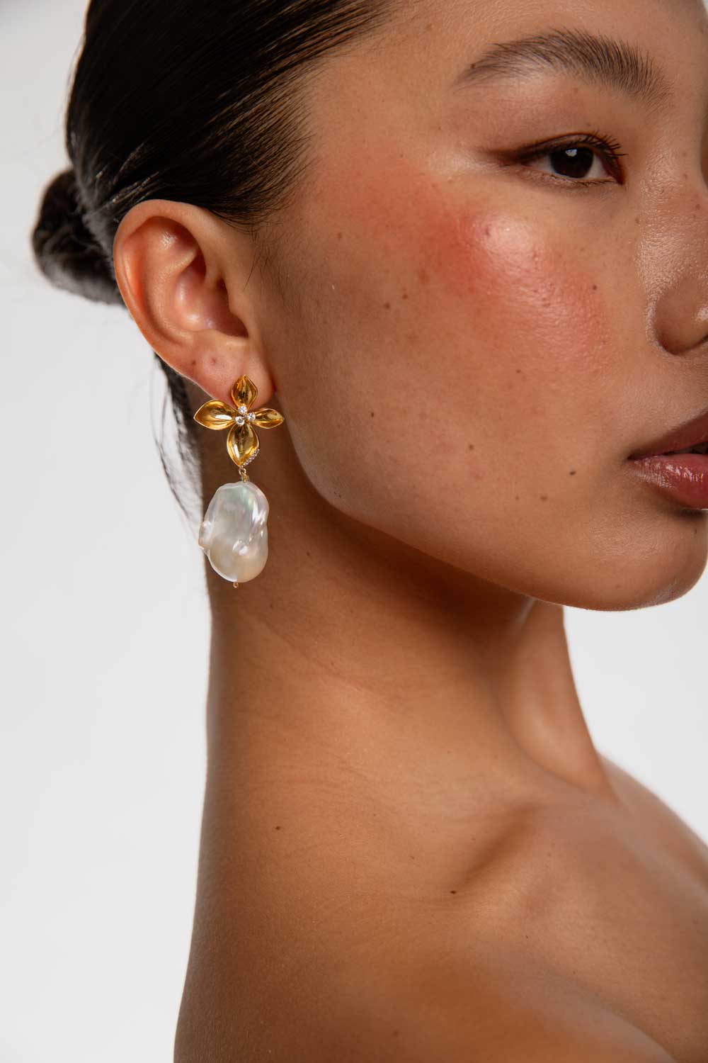 Floral Gold Drop Pearl Earrings