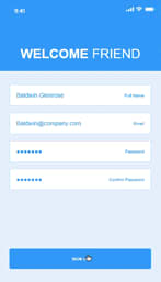 Low-fidelity wireframe of a mobile app sign-up screen with the header ‘Welcome Friend,’ displaying fields for full name, email, password, and confirm password, along with a sign-up button. The simple, user-friendly design highlights essential form fields for account creation