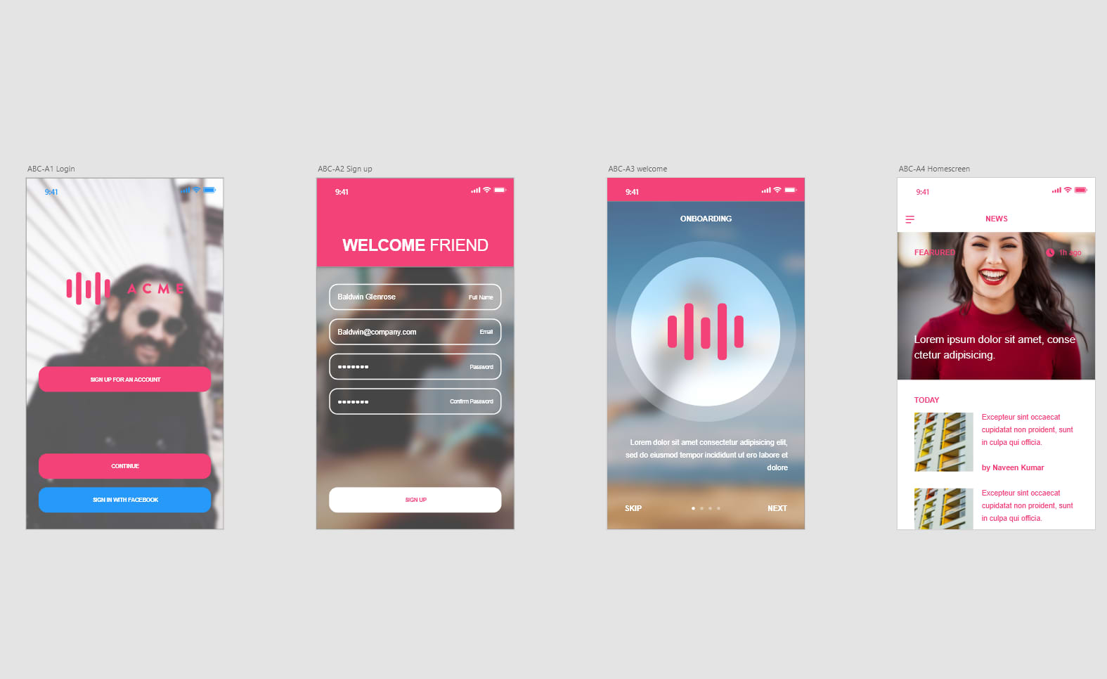High-fidelity mockup of a mobile app, showcasing the login, sign-up, onboarding, and home screen. The design uses vibrant colours and clean typography, representing a polished and user-friendly interface for an app experience.