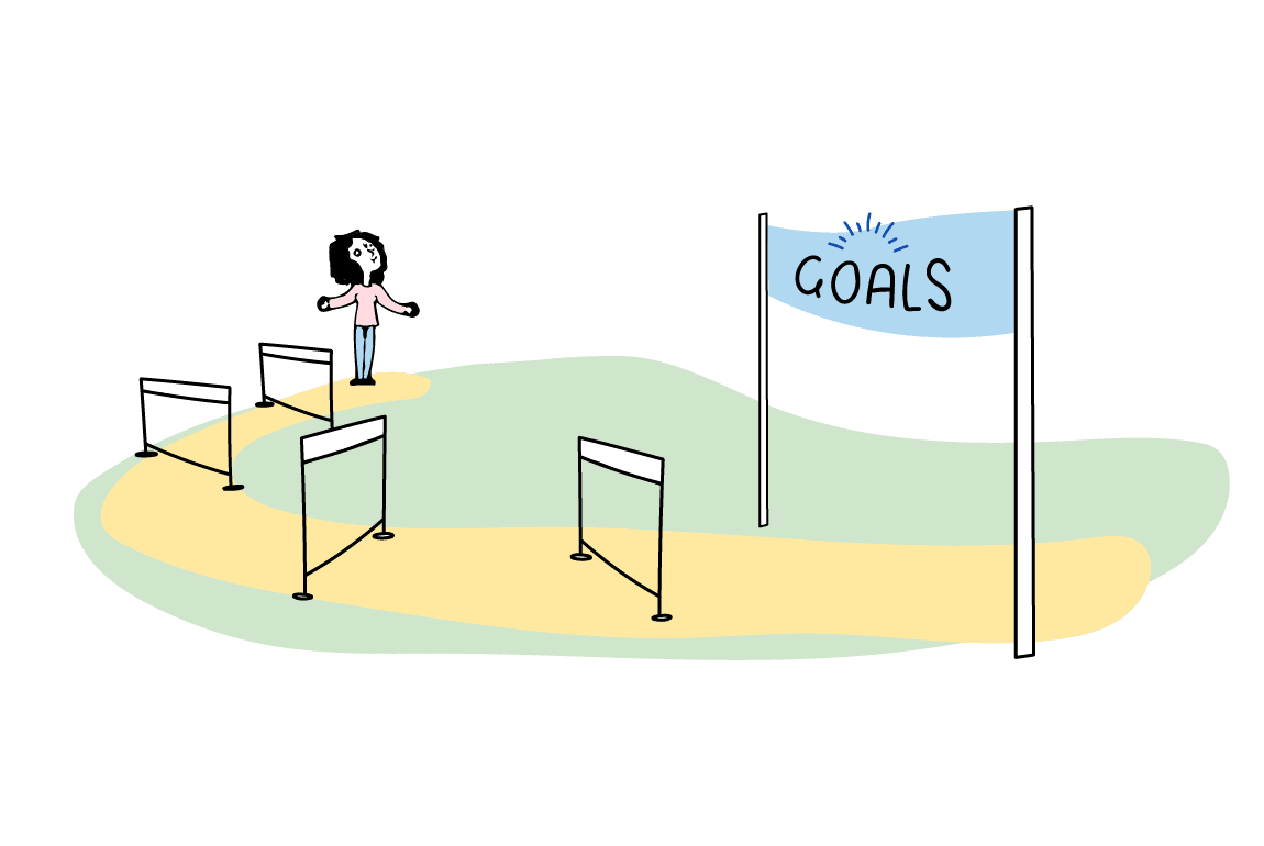 A cartoon illustration of a girl starting  a rce witt he end banner reading: Goals
