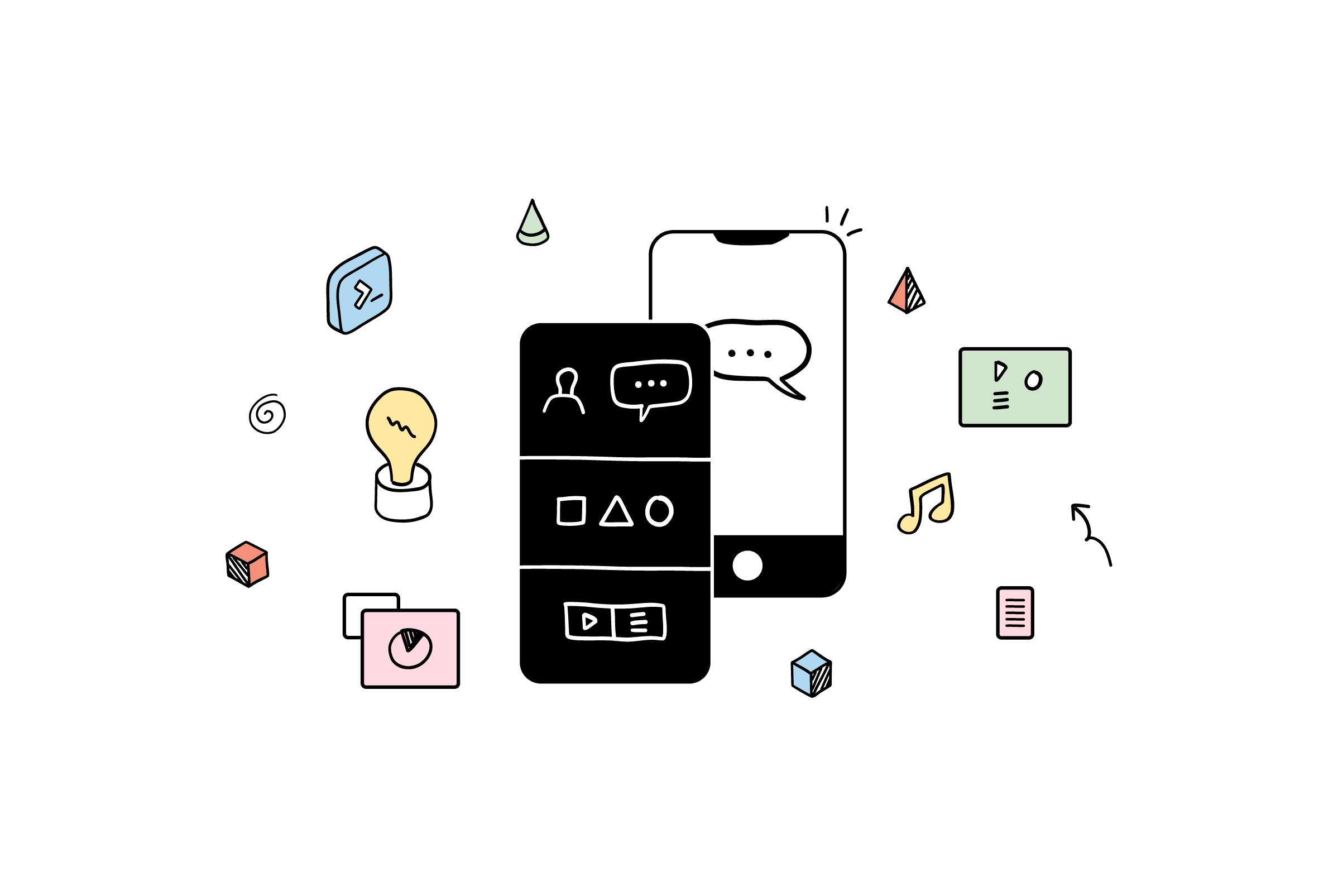 a graphic illustration of two mobile phones with icons floating around them