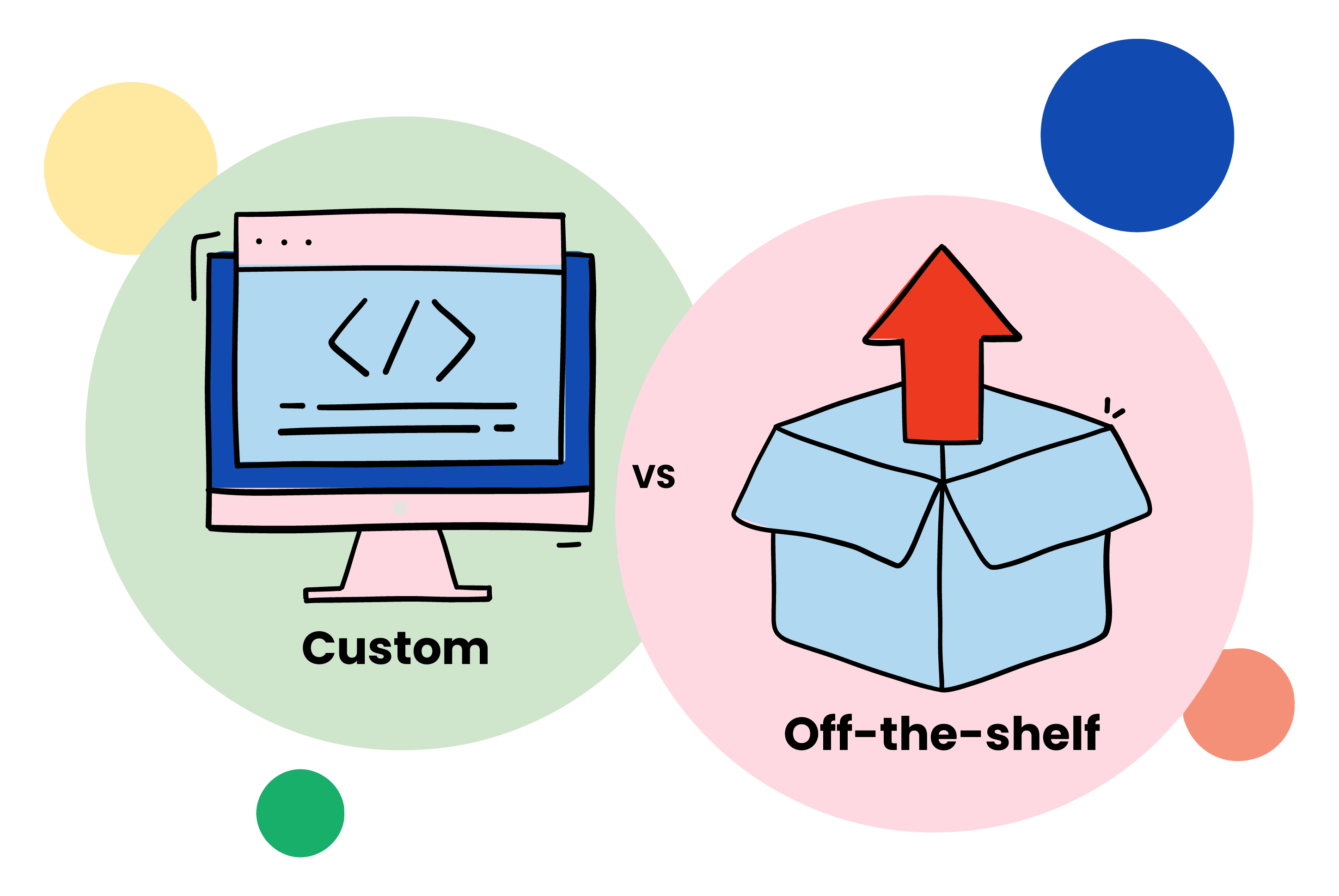 an illustration image of a desktop computer with code in one circle and an arrow coming out of a box in another circle