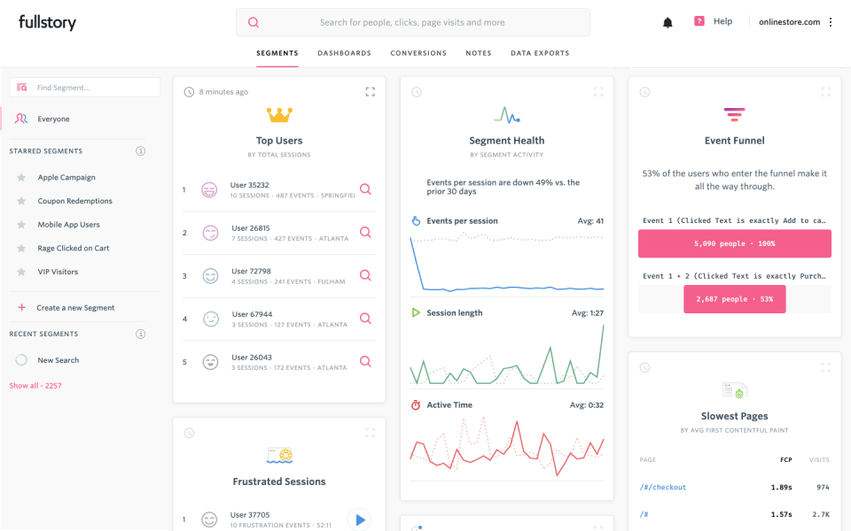 a screenshot of the Fullstory analytics tool dashboard