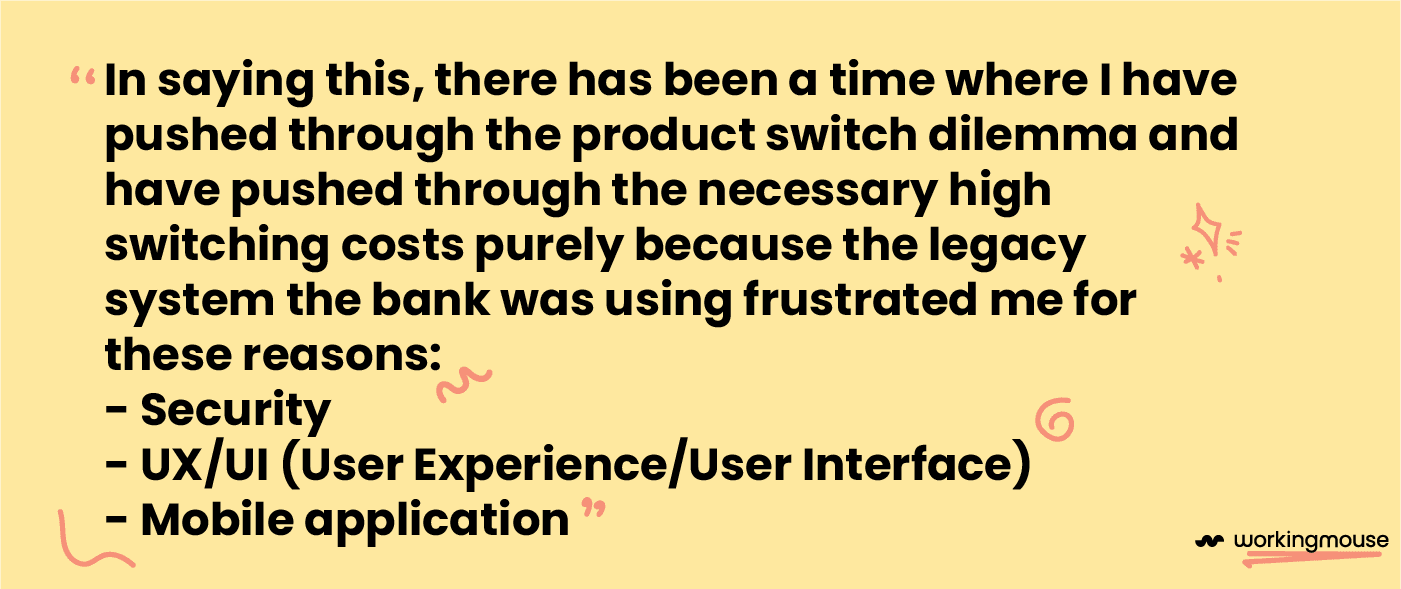 the legacy system the bank was using frustrated me for these reasons: -	Security -	UX/UI (User Experience/User Interface) -	Mobile application