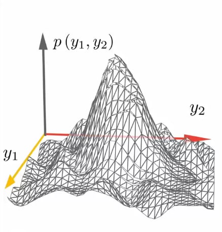 3D wireframe plot illustrating a probability distribution in an infinitely wide neural network, showing axes labeled  y_1 ,  y_2 , and  p(y_1, y_2)  representing the relationship between input variables and their probability outcomes.