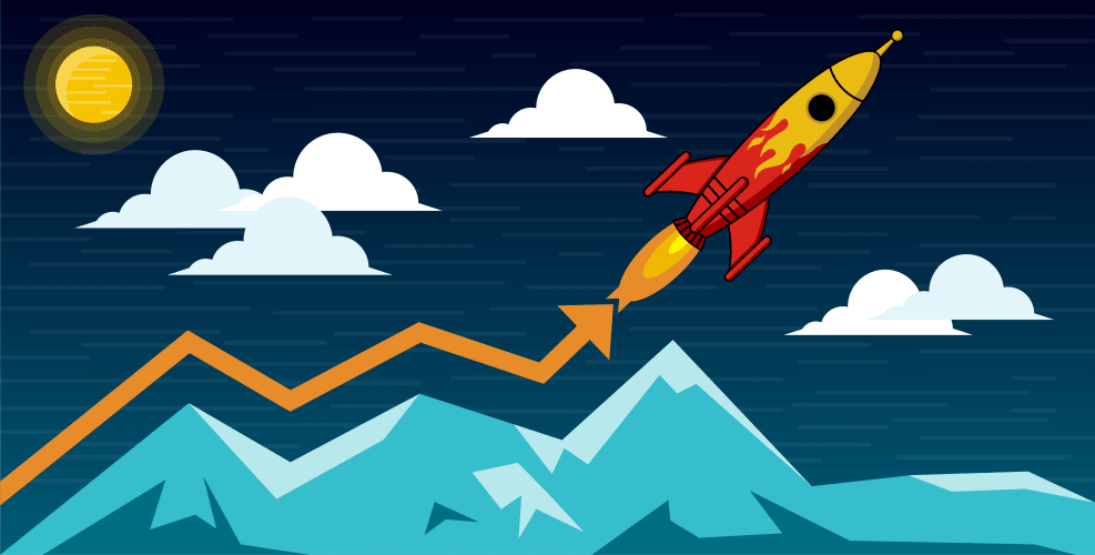 Digital illustration of a rockship flying over mountains