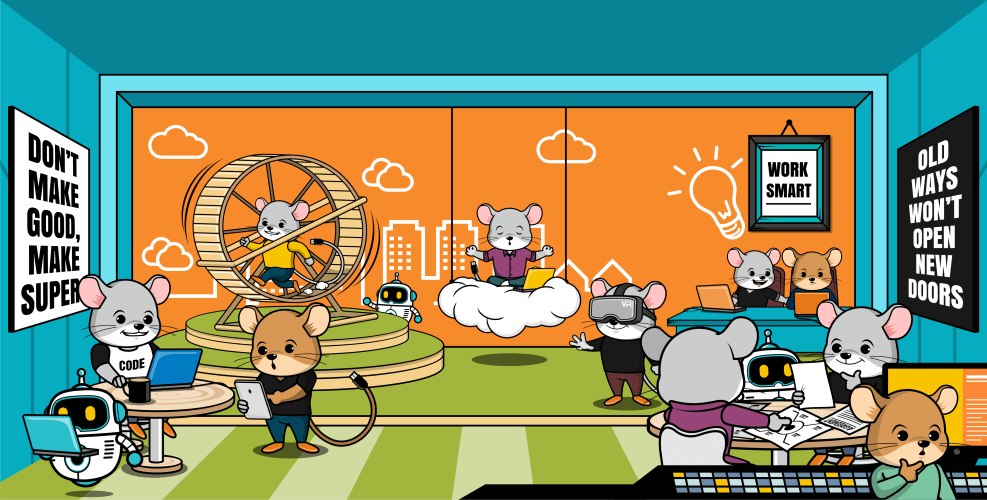 Illustration of a collaborative office environment with animated mice working on technology projects, coding, virtual reality, and brainstorming ideas, with motivational signs saying ‘Don’t make good, make super’ and ‘Old ways won’t open new doors’.