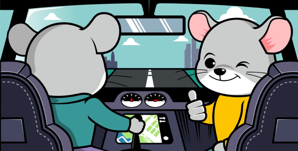 Illustration of two cartoon mice sitting in a car. One mouse is driving and looking at a GPS on the dashboard, while the other mouse is giving a thumbs-up with a wink. The scene emphasizes teamwork and navigation, with a city skyline visible in the background through the windshield.