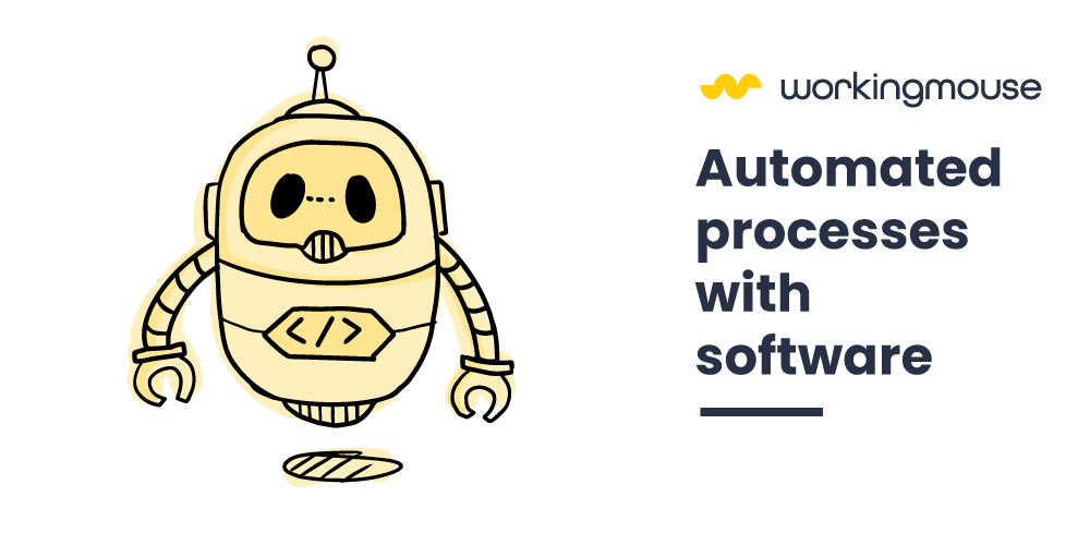a cartoon robot with the text next to it that reads: Automated processes with software. The WorkingMouse logo is above the text.