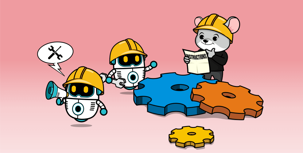 A catoon illustration of a mouse looking at instructions while two robots figure out what to do with the gears