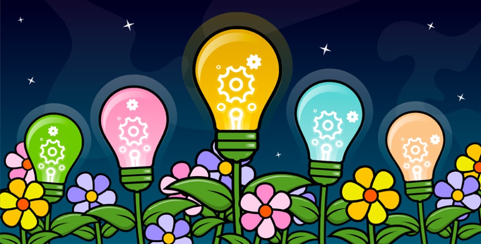 Illustration of light bulbs growing among colorful flowers, symbolizing the flourishing of ideas. Each light bulb, in different colors (green, pink, yellow, blue, and orange), contains gear icons representing innovation and creativity. The nighttime background with stars enhances the theme of ideas blooming in a nurturing environment.