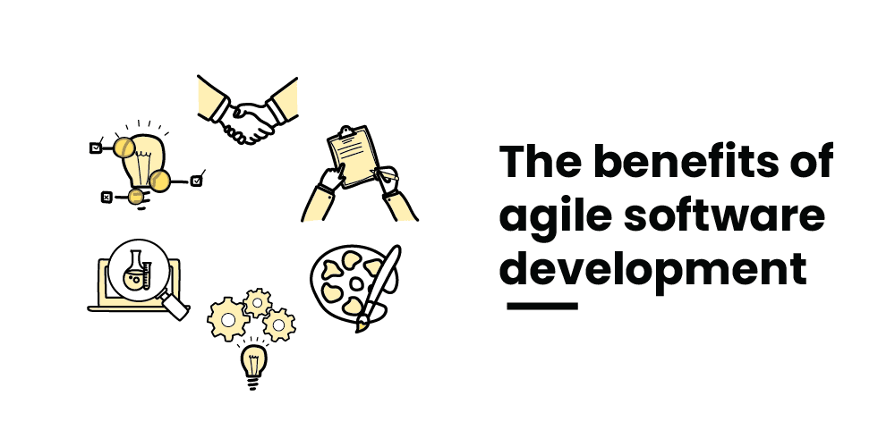 Icons representing collaboration, innovation, creativity, and agile methodology with text ‘The benefits of agile software development’ highlighting teamwork and flexibility in software development.