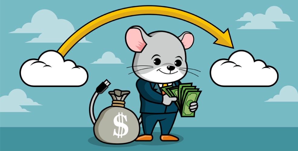Cartoon mouse character holding money with cloud icons and an arrow representing financial analysis of cloud migration strategy. The image illustrates the concept of moving funds or resources to the cloud.
