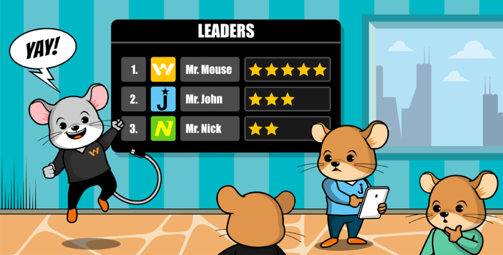 Illustration of cartoon mice in an office setting with a leaderboard titled ‘Leaders’ displayed on the wall. The leaderboard shows ‘Mr. Mouse’ in first place with five stars, followed by ‘Mr. John’ and ‘Mr. Nick.’ One mouse cheers ‘Yay!’ while another holds a tablet, reviewing the scores. The scene emphasizes competition and achievement through gamification.