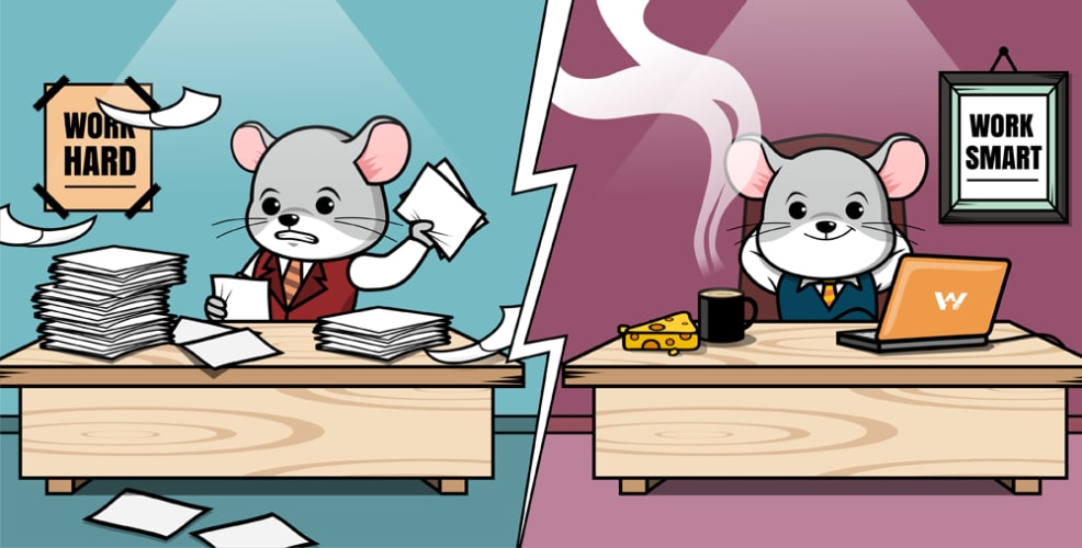An illustration of two cartoon mice. One (the work hard mouse) is stressed and has a lot of paperwork on their desk while the other one (the work smart mouse) is smiling and relaxed