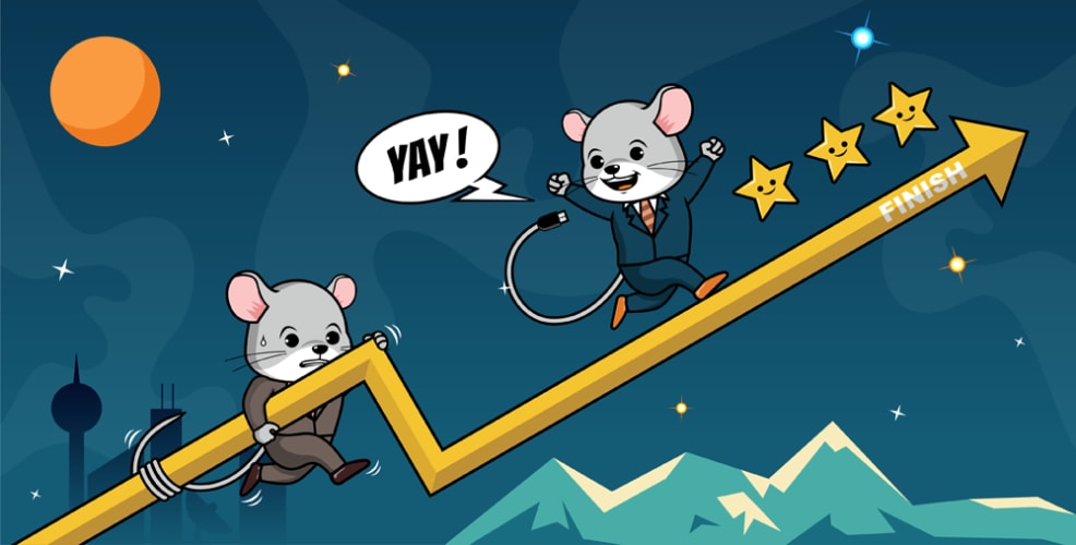 Illustration of two cartoon mice climbing an upward arrow labeled ‘Finish,’ symbolizing progress and success. One mouse in a business suit celebrates with a speech bubble saying ‘Yay!’ while the other follows, anchored to the arrow. The background features stars, mountains, and a moon, emphasizing the theme of achieving goals.
