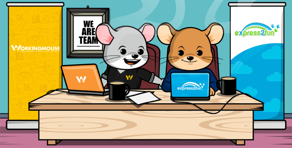 WorkingMouse character and Express2Fun character collaborating at a desk, symbolizing an innovation partnership and teamwork in software development