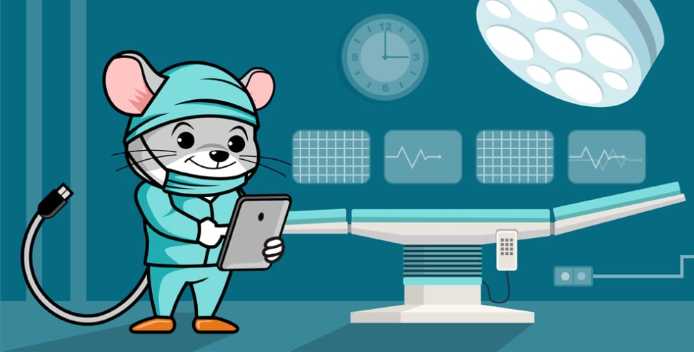 Cartoon mosue dressed as a doctor working on an ipad in a surgery room