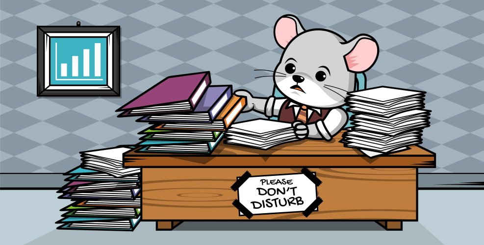A cartoon illustration of a mouse sitting at a desk that is overflowing with papers and folders. The mouse looks stressed