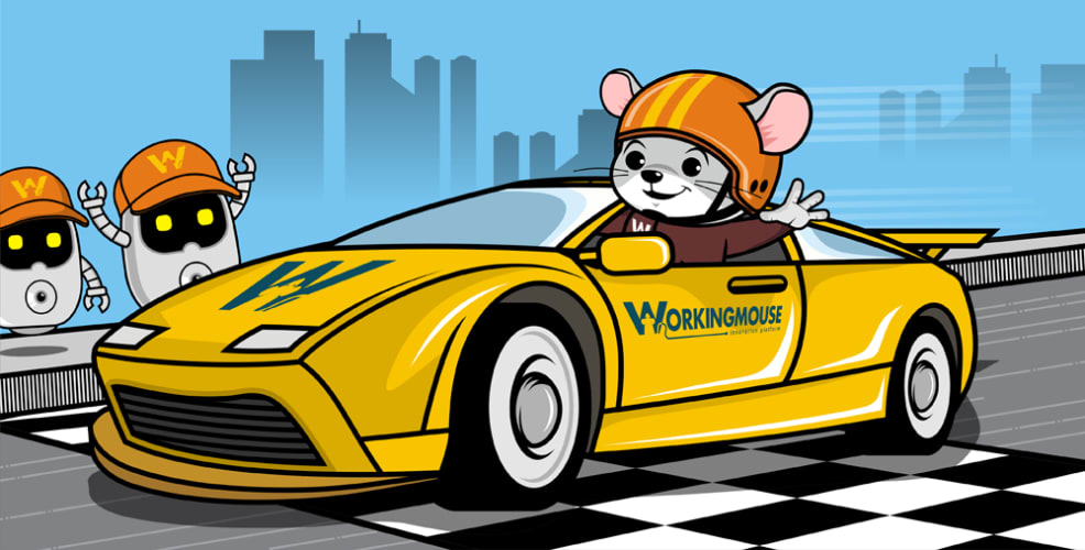 A cartoon mouse in a racecar with robots cheering on the sideline