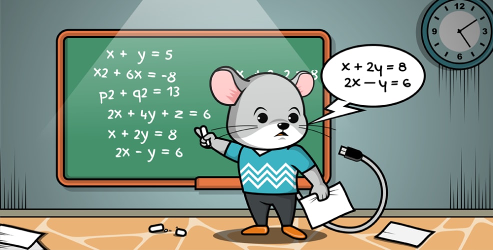 Illustration of a cartoon mouse standing in front of a chalkboard solving math equations. The mouse holds a piece of paper and is explaining an equation in a speech bubble. The chalkboard is filled with various algebraic equations, and a clock is visible on the wall. The scene highlights problem-solving and learning in a classroom setting.