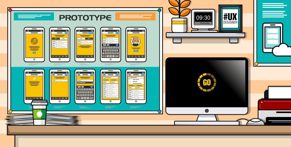 Cartoon illustration of a UX designer’s workspace, featuring a prototype board displaying mobile app screens, a desktop computer with a ‘Go’ loading screen, and a coffee cup on a desk. The scene highlights the process of designing and testing mobile app prototypes, emphasising user experience and design workflow.