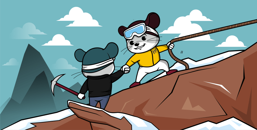 Two cartoon mice climing up a snowy mountain and wearing climbing gear