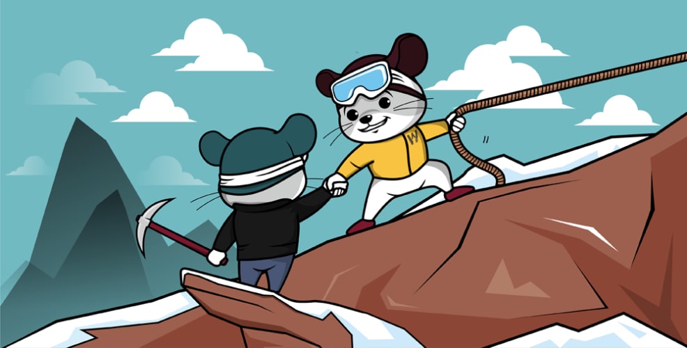 WorkingMouse character helping another climber ascend a mountain, symbolizing teamwork, leadership, and innovative collaboration with new investors.