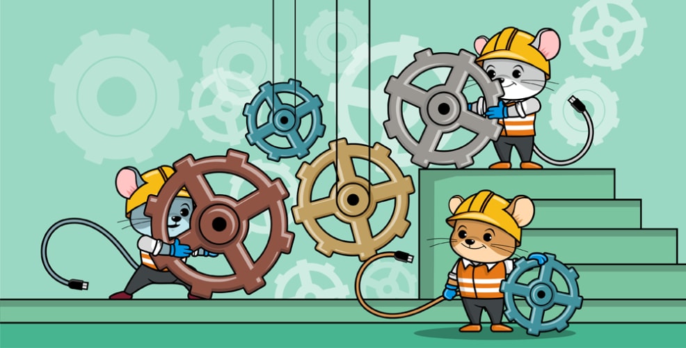 A cartoon illustration of mice in construction outfits moving gears