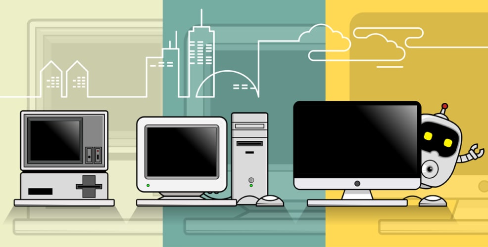 Illustration showcasing the evolution of computing technology, starting with early computer models and progressing to modern desktops, ending with a robot representing the future of automation and AI.