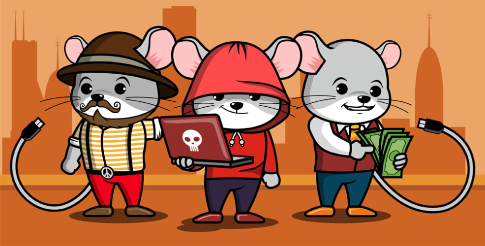 Cartoon illustration of three mice characters: a hipster with a hat, a hacker with a laptop, and a hustler holding cash, representing the personas of the hipster, hacker, and hustler in startup culture, with network cables as tails and a city skyline in the background.