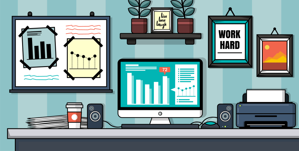 A digital illustration of a desk with the main focus being on the computer screen with graphs and charts on it