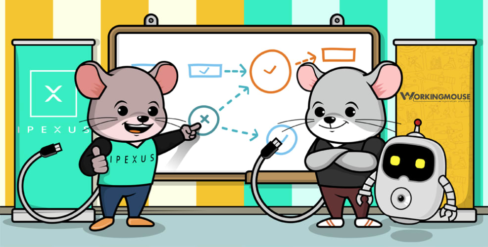 Cartoon illustration featuring two mice characters and a robot, collaborating in front of a whiteboard with diagrams, representing a partnership between IPEXUS and WorkingMouse. The scene highlights teamwork, innovation, and strategy in a tech-driven environment.